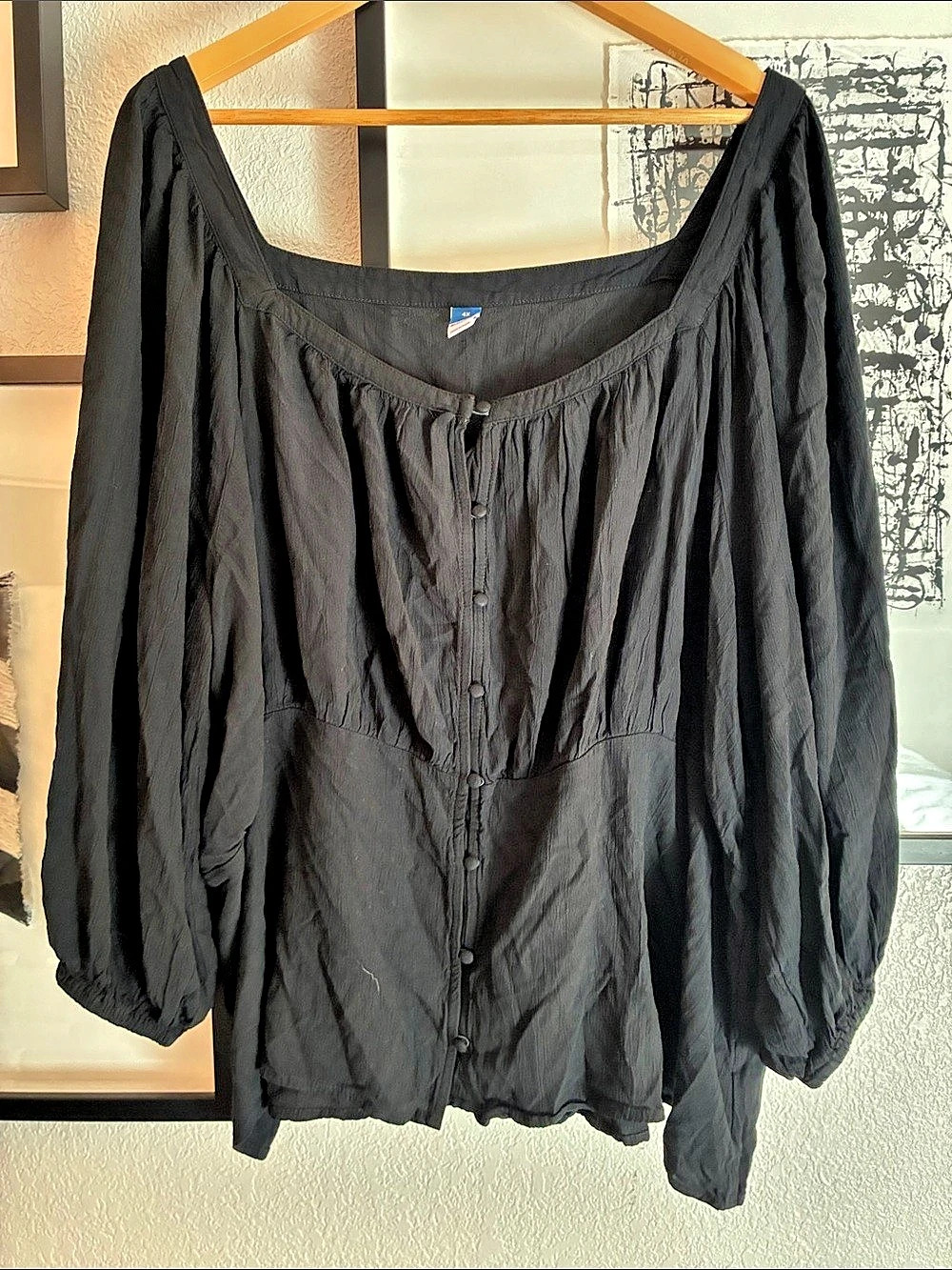 Old Navy Square-Neck Button-Front Long-Sleeve Boho Peasant Blouse Black 4X